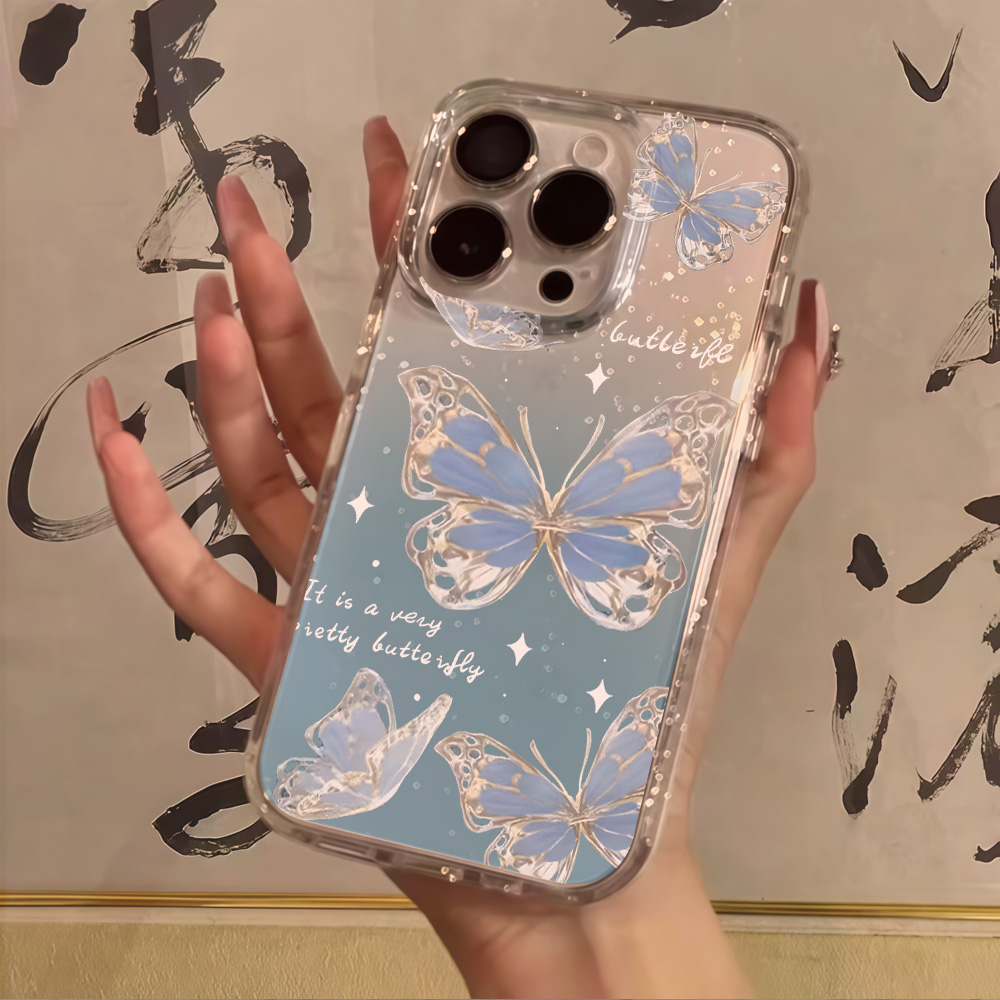 Phone Cases Unique - Luxury Blue Butterfly Clear Glitter Phone